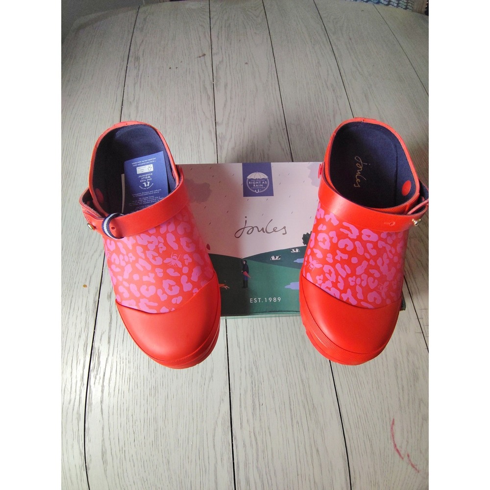Joules Welly Clog Red Bee Leopard Print Rubber Garden Shoes Womens 8 218263
